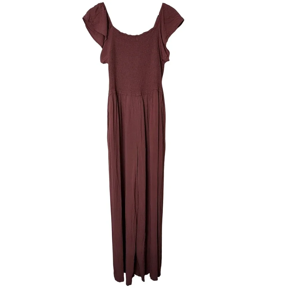 Japna Smocked Flutter Sleeve Wide Leg Jumpsuit Terracotta Brown Mauve Boho